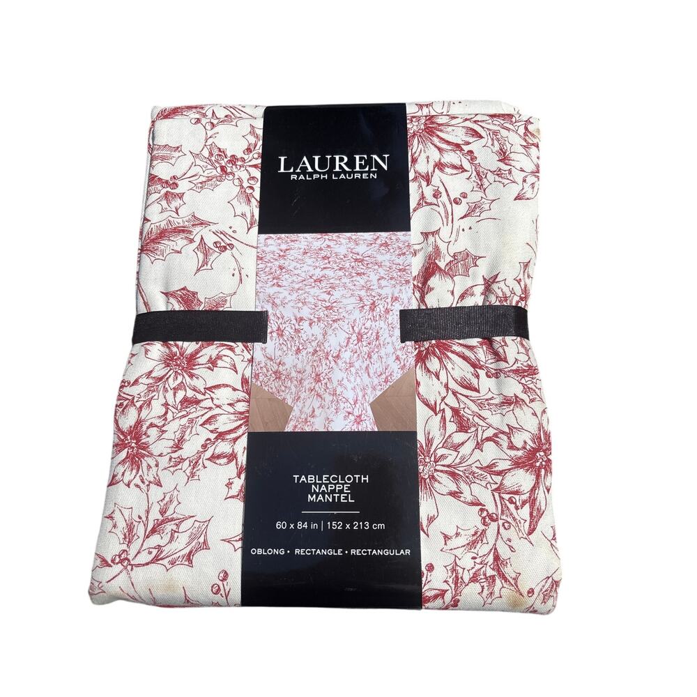 Lauren Ralph Lauren Christmas Tablecloth NEW Poinsettia Cotton 60x104 Preppy